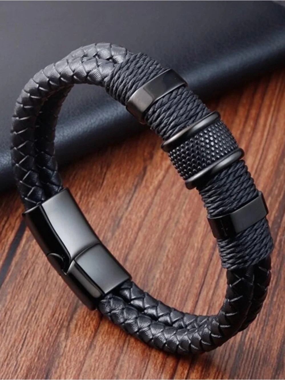 Men's Black Braided Leather Bracelet with Textured Gunmetal Accents